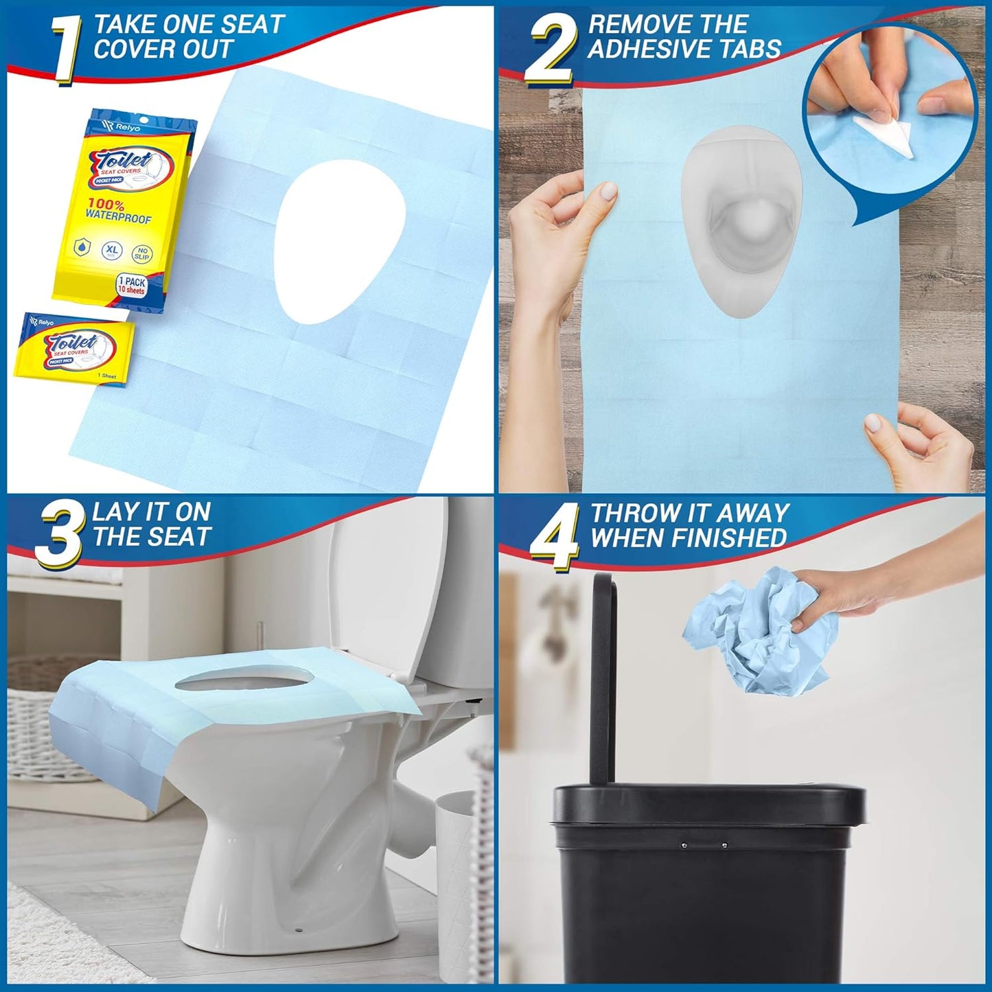 20 Pack XL Disposable Toilet Seat Covers – Waterproof Toilet Cover Sheets with Adhesive Tabs for Adults, Kids & Toddlers, Travel, Public Restrooms, Airplane, Camping
