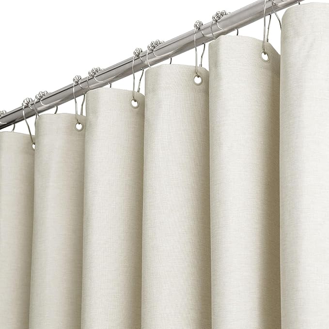BTTN Long Fabric Shower Curtain - 72x80 Inch Linen Textured Heavy Duty Polyester Cloth Shower Curtain Set with 12 Plastic Hook, Hotel Luxury Waterproof Modern Shower Curtains for Bathroom, Light Cream