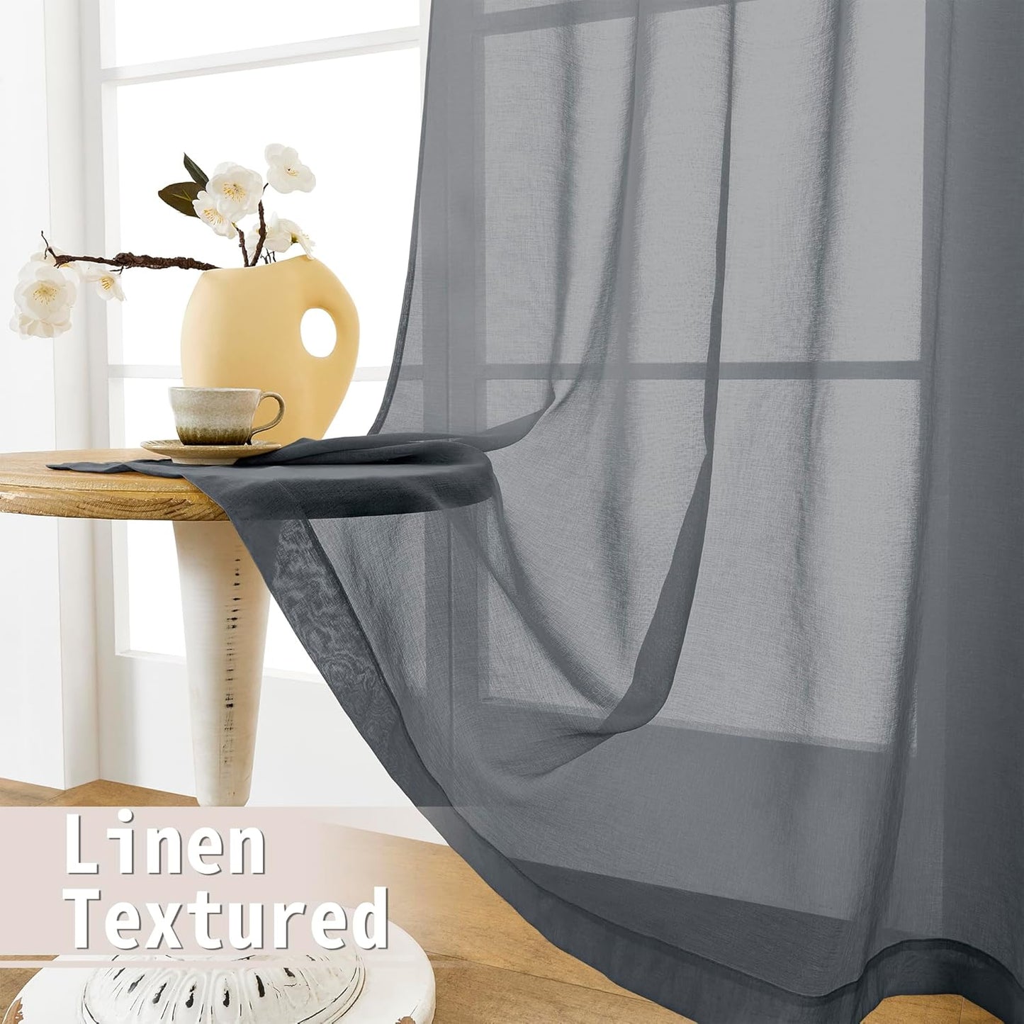 Tollpiz Short Sheer Linen Textured Curtain Sheers Doorway Light Filtering Voile Patio Glass Door Rod Pocket Curtains French Door, 54 x 54 inches Long, Dark Grey, Set of 1 Panel