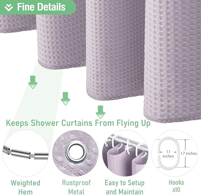 Dynamene Stall Fabric Shower Curtain - 54x78 inch Long Waffle Weave Weighted Thick Cloth Shower Curtains for Bathroom, Heavy Duty Hotel Spa Luxury Bath Curtain Set with 10 Plastic Hooks, Lavender