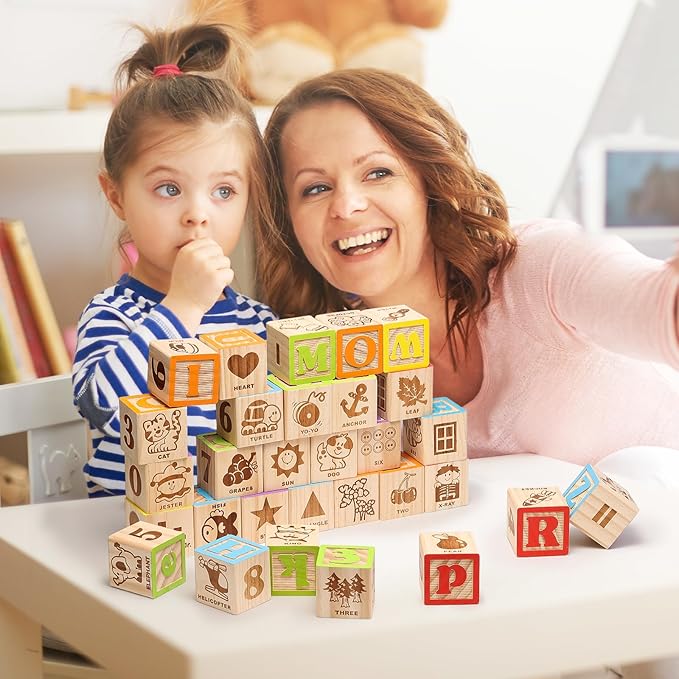 SainSmart Jr. Wooden Alphabet Blocks 1.73 Inch, 30Pcs Building Blocks Including Letters, Numbers and Animals, Montessori Wooden Blocks for Preschool Toddlers
