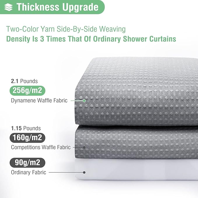 Dynamene Extra Long Fabric Shower Curtain - Waffle Weave 90 Inches Long Heavy Duty Cloth Shower Curtains for Bathroom, 256GSM Tall Hotel Luxury Bath Curtain Set with 12 Plastic Hooks,Grey/Gray