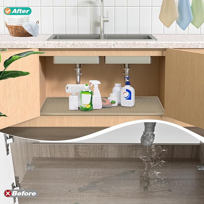 Waterproof Under Sink Mat 28" x 19", Silicone Cabinet Liner, Rubber Protector for Kitchen and Bathroom, Keeps Cabinets Clean, Dry, and Organized (Brown)