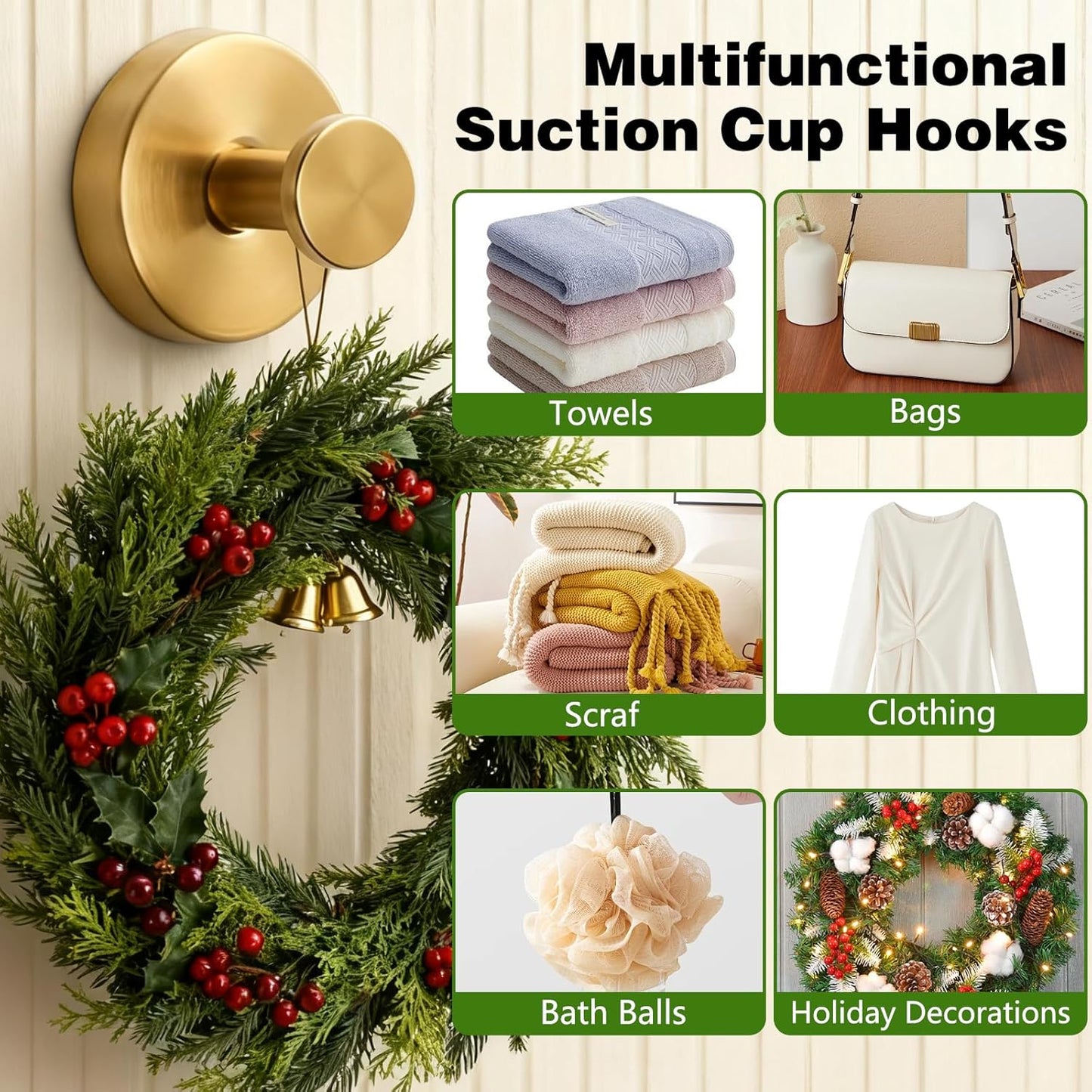 Suction Cup Hooks for Wreaths on Glass, No-Drill Suction Cup Hooks, Wreath Hangers for Front Doors, Metal Towel Hooks for Showers Bathrooms Mirrors (2Pcs Black)