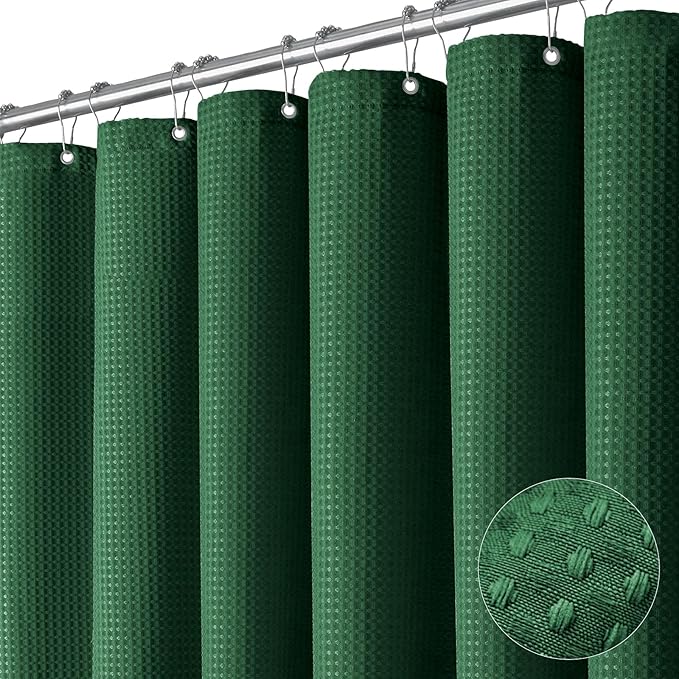 Dynamene Stall Fabric Shower Curtain - 36x72 Waffle Weave Weighted Cloth Shower Curtains for Bathroom, Neutral Heavy Duty Hotel Spa Luxury Bath Curtain Set with 6 Plastic Hooks, Dark Green
