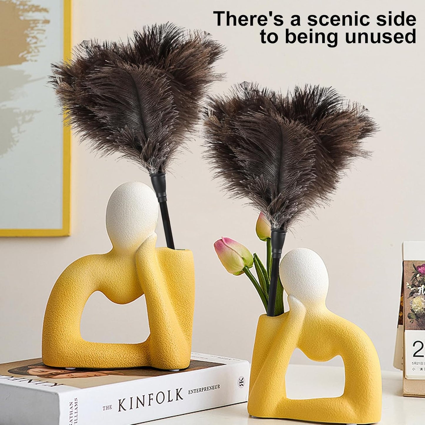 Ostrich Feather Duster-14.9 Inch Mini Natural Feathers Dusters with Plastic Handle Reusable Handheld for Cleaning Supplies Home Car Office(2pcs)