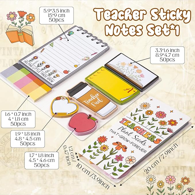 Xqumoi Retro Wildflowers Teachers Sticky Notes Set - Teacher Plant Seeds Self-Stick Note Pads Teacher Appreciation Notepads Writing Memo Pad Page Marker Back to School Office Supplies Thank You Gift