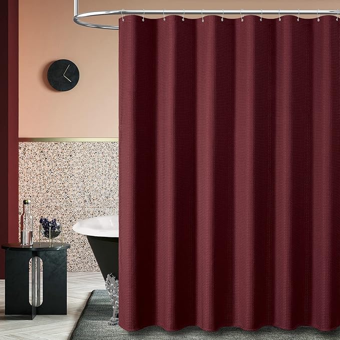 Dynamene Stall Shower Curtain - 60 inch Waffle Weave Heavy Duty Thick Fabric Shower Curtains for Bathroom, Weighted Hotel Spa Luxury Cloth Bath Curtain Set with 10 Plastic Hooks, 60x72, Burgundy