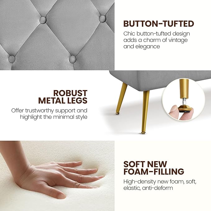 Yaheetech Modern Ottoman Bench Velvet Bench Upholstered Footrest with Gold Metal Legs and Padded Seat Gray