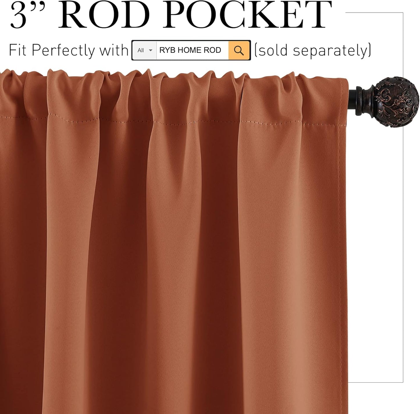 RYB HOME Room Darkening Curtains 54 inches Length, Blackout Window Curtains Drapes Energy Efficient Covering for Bedroom Dorm Glass Door, W 42 x L 54 inch, 2 Panels, Burnt Orange