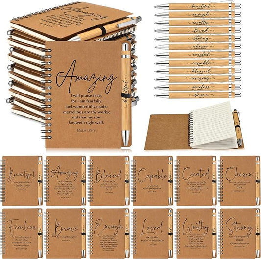 Kosiz 24 Sets Christian Gifts Bulk Inspirational Bible Verse Spiral Notebook and Religious Bamboo Ballpoint Pen Journal with Scripture for Easter Church Member First Communion Teacher Holy Week (Brown)