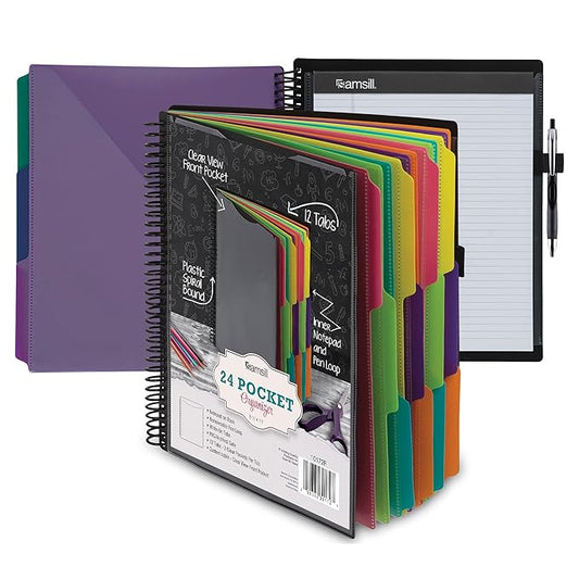 Samsill Spiral Folder Organizer - 12 Dividers & 24 Pockets with Notepad Holder, Multi Pocket Color Cordinated Folder Binder with Customizable Tabs, Document Organizer (Fashion)