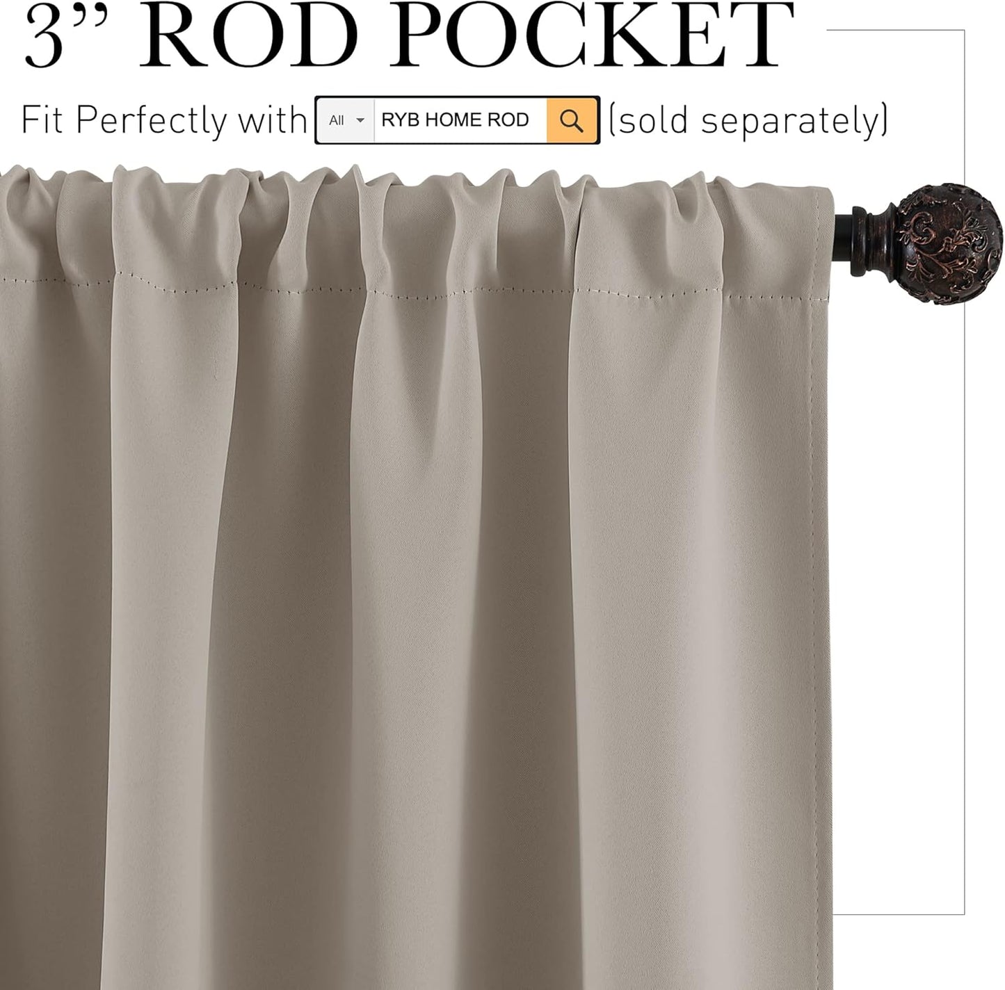 RYB HOME Short Curtains 36 inches, Durable Room Darkening Small Window Treatment Energy Smart Privacy Draperies for Basement Bathroom Bedroom, Sand, W42 x L36 inches, 2 Panels Set