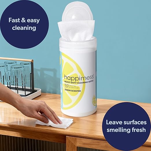 happimess WPE1002A-2SET All-Purpose Cleaning Wipes, Heavy Duty Multi-Surface Household Wipes for Kitchen and Bathroom, Fresh Lemon Scent, 100 Count, Pack of 2