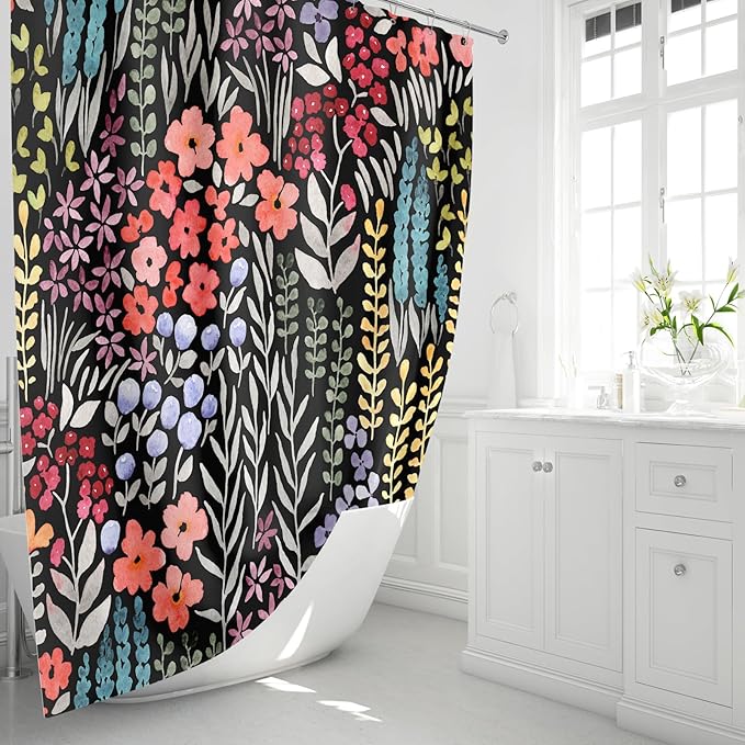 Small Stall Shower Curtain 36 x 72 Inch, Half Narrow Cute Floral Shower Curtain for Bathroom, Colorful Wildflower Boho Cottagecore Fabric Shower Curtain Set with Hooks, Black