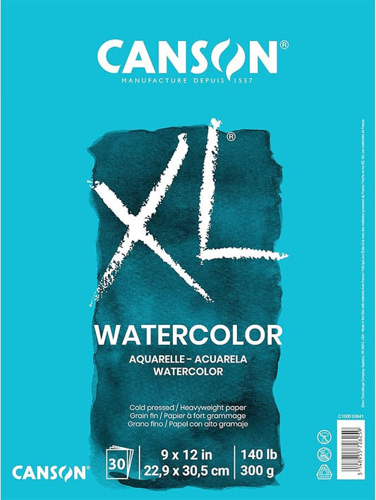 Canson XL Series Watercolor Cold Press Textured Paper Pad for Paint, Pencil, Ink, Charcoal, Pastel, and Acrylic, 140 lb. (300 GSM), Tape-Bound, 9" x 12", 30 Sheets/Pad, Pack of 3