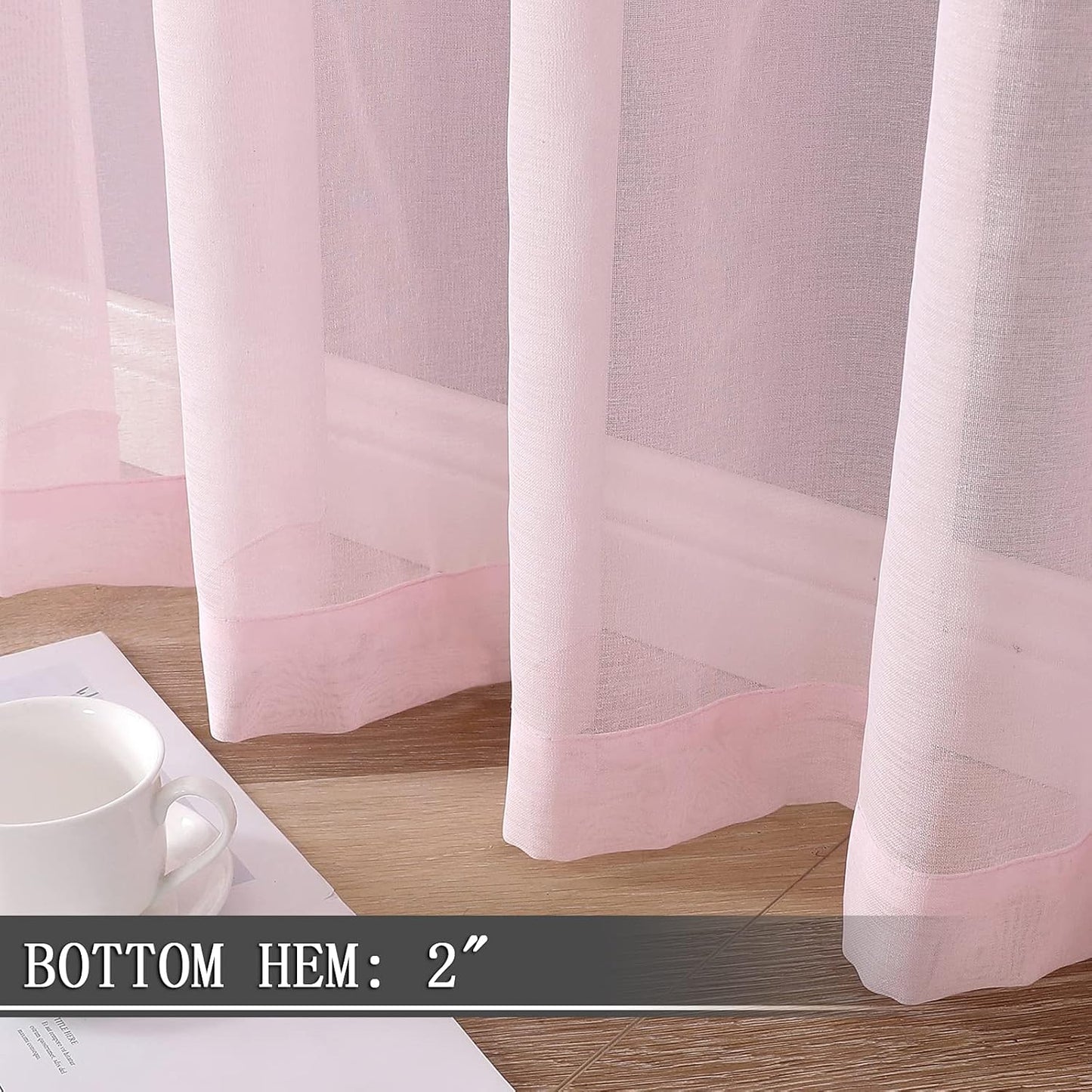 Tollpiz Short Sheer Curtain Linen Textured Living Room Curtains Sheer Light Filtering Rod Pocket Voile Curtain for Bedroom, 42 x 54 inches Long, Pink, Set of 2 Panels