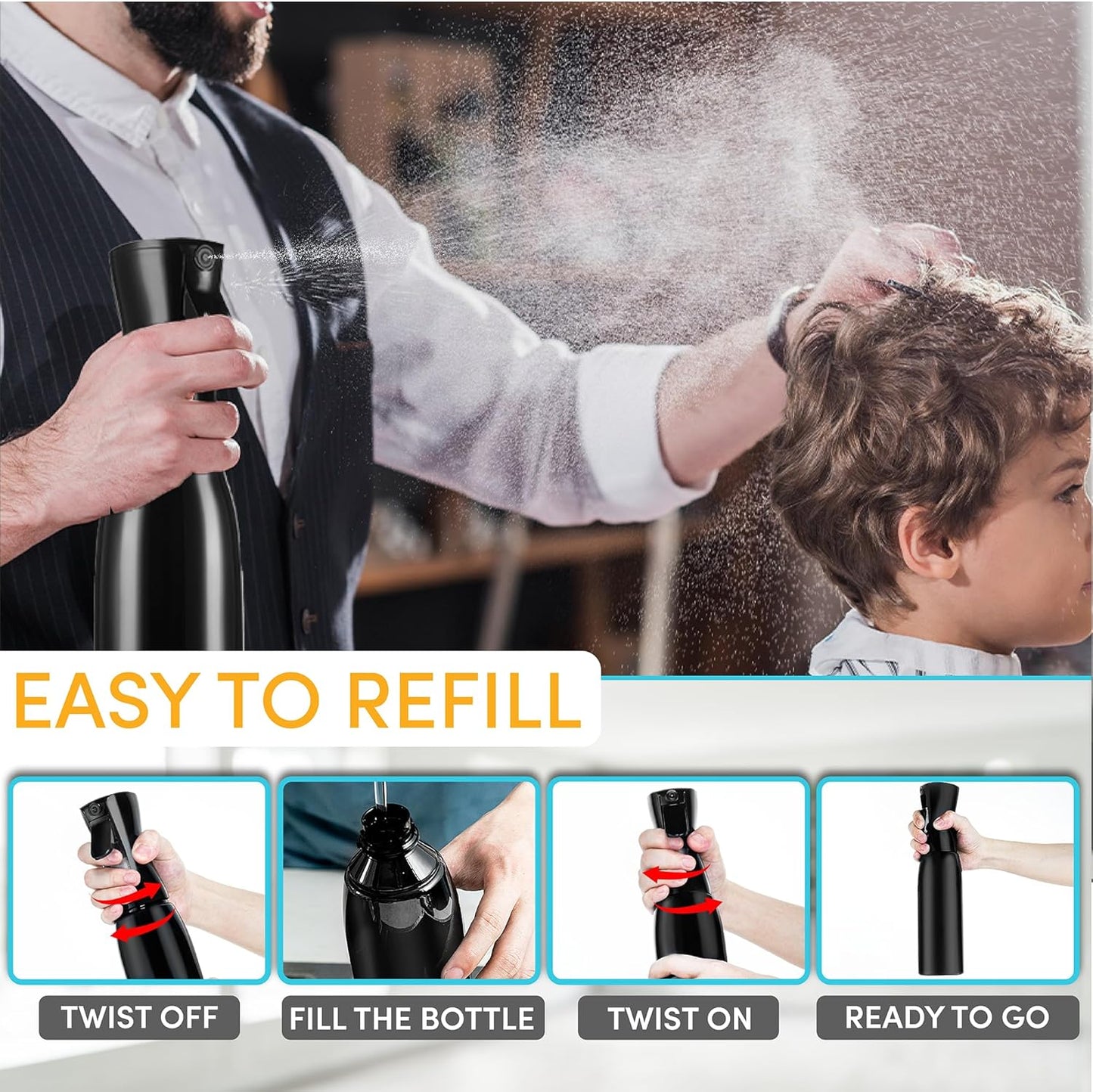 Hula Home Spray Bottle for Hair (20oz/590ml) - Powered by Flairosol® Spray Technology - Continuous Ultra Fine Mist Sprayer – For Hairstyling, Cleaning, Salons, Plants, Essential Oil & More - Black