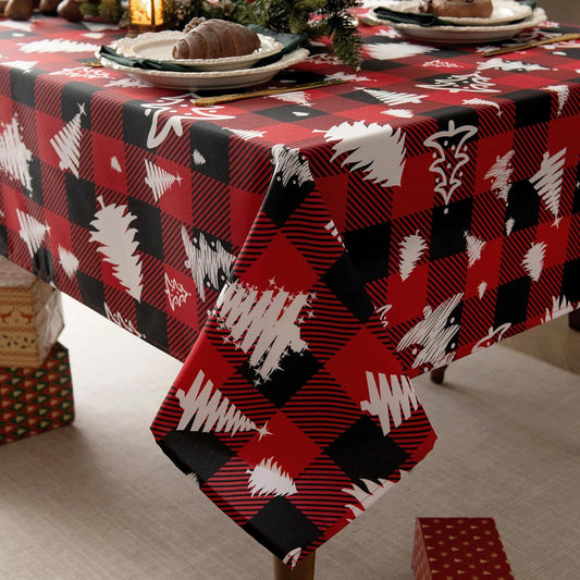 Red Gingham Plaid Christmas Tree Tablecloth - Rectangular 58x102 Inch Water Resistant Table Cloth for Indoor/Outdoor Use - Holiday Table Cover for Kitchen, Picnics, and Parties