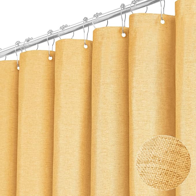BTTN Extra Long Shower Curtain, 96 Inch Linen Textured Heavy Duty Fabric Shower Curtain Set with 12 Plastic Hooks, Large Luxury Decorative Polyester Cloth Shower Curtains for Bathroom, 72"x96", Gold