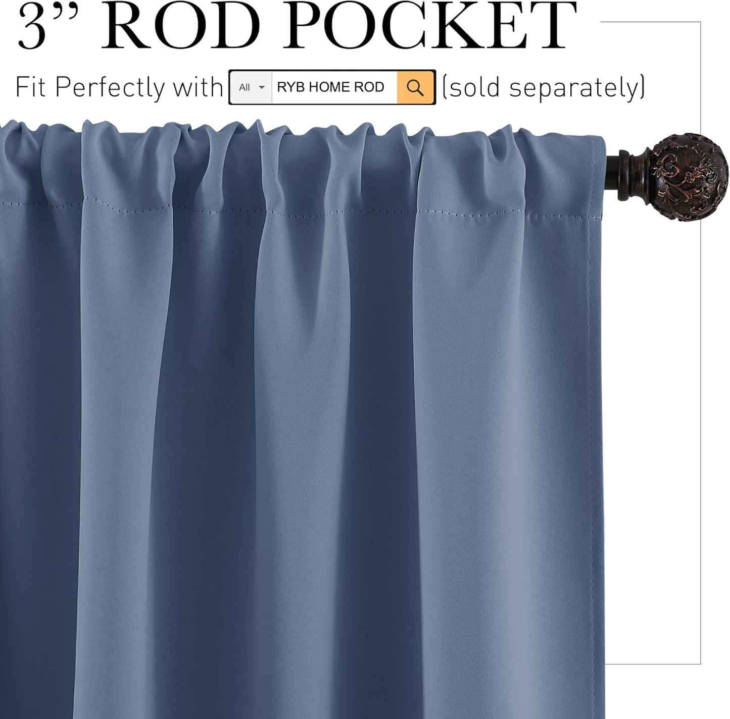 RYB HOME Blue Blackout Curtains 63 inch Length 2 Panels Set - Thermal Insulated Noise Reducing Energy Efficiency Small Window Decor for Kitchen Bedroom Bathroom, W42 x L63 inch, Stone Blue