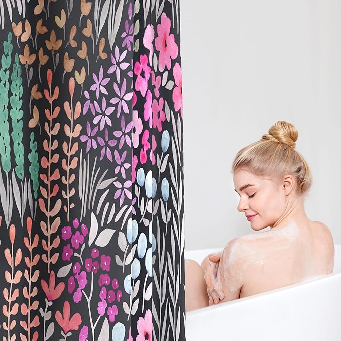 Black Pink Floral Shower Curtain, Hot Pink Boho Flower Fabric Shower Curtain, Cute Funky Watercolor Wildflower Shower Curtain Set, Cottagecore Bohemian Bathroom Decor, 72x72