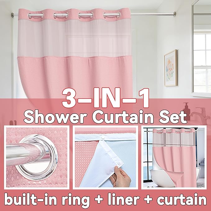 Conbo Mio Extra Long No Hook Waffle Weave Shower Curtain with Snap in Liner Set, Hotel Luxury Pink Shower Curtains for Bathroom with See Through Top Window, Waterproof, Washable 71W x 84H