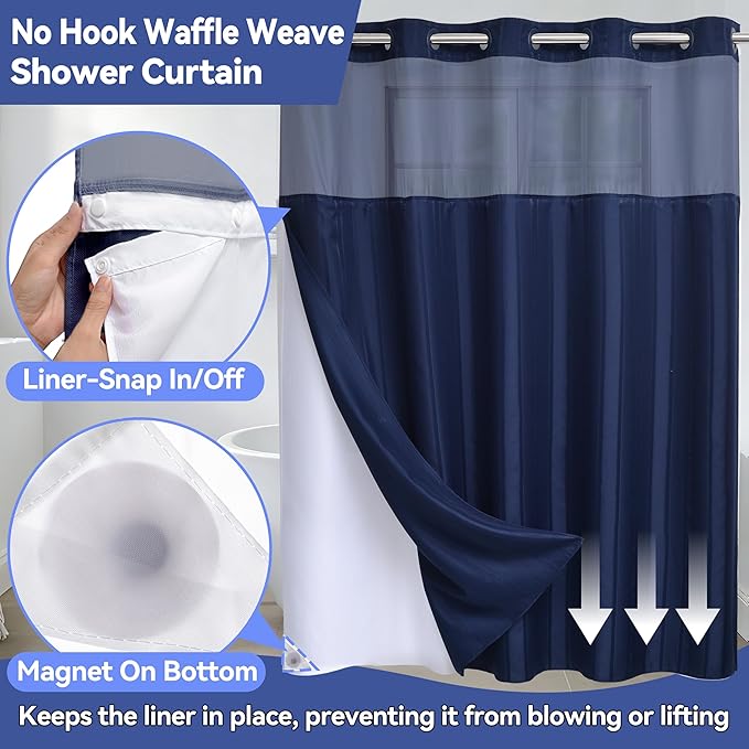 Conbo Mio No Hook Waffle Weave Shower Curtain with Snap in Liner Set, Hotel Luxury Dark Blue Shower Curtains for Bathroom with See Through Top Window, Waterproof, Washable 71W x 74H Stripe