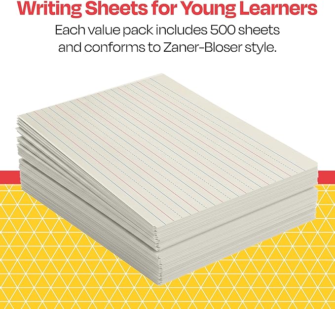 School Smart Zaner-Bloser Writing Paper, Handwriting Practice Lined Paper, Grade 2 Learning, 3/4 Inch Rule, 10-1/2 x 8 Inches, 500 Sheets