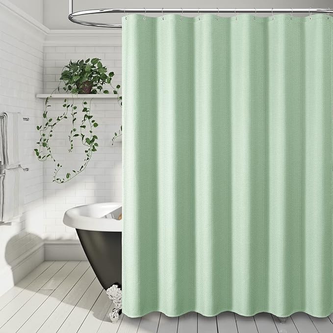 Dynamene Long Fabric Shower Curtain - 78 inch Long Waffle Weave Weighted Cloth Shower Curtains for Bathroom, Neutral Heavy Duty Hotel Spa Luxury Bath Curtain Set with 12 Hooks, 72x78, Mint Green