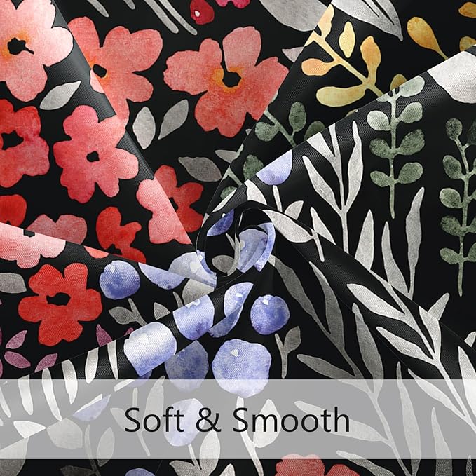 Small Stall Shower Curtain 36 x 72 Inch, Half Narrow Cute Floral Shower Curtain for Bathroom, Colorful Wildflower Boho Cottagecore Fabric Shower Curtain Set with Hooks, Black