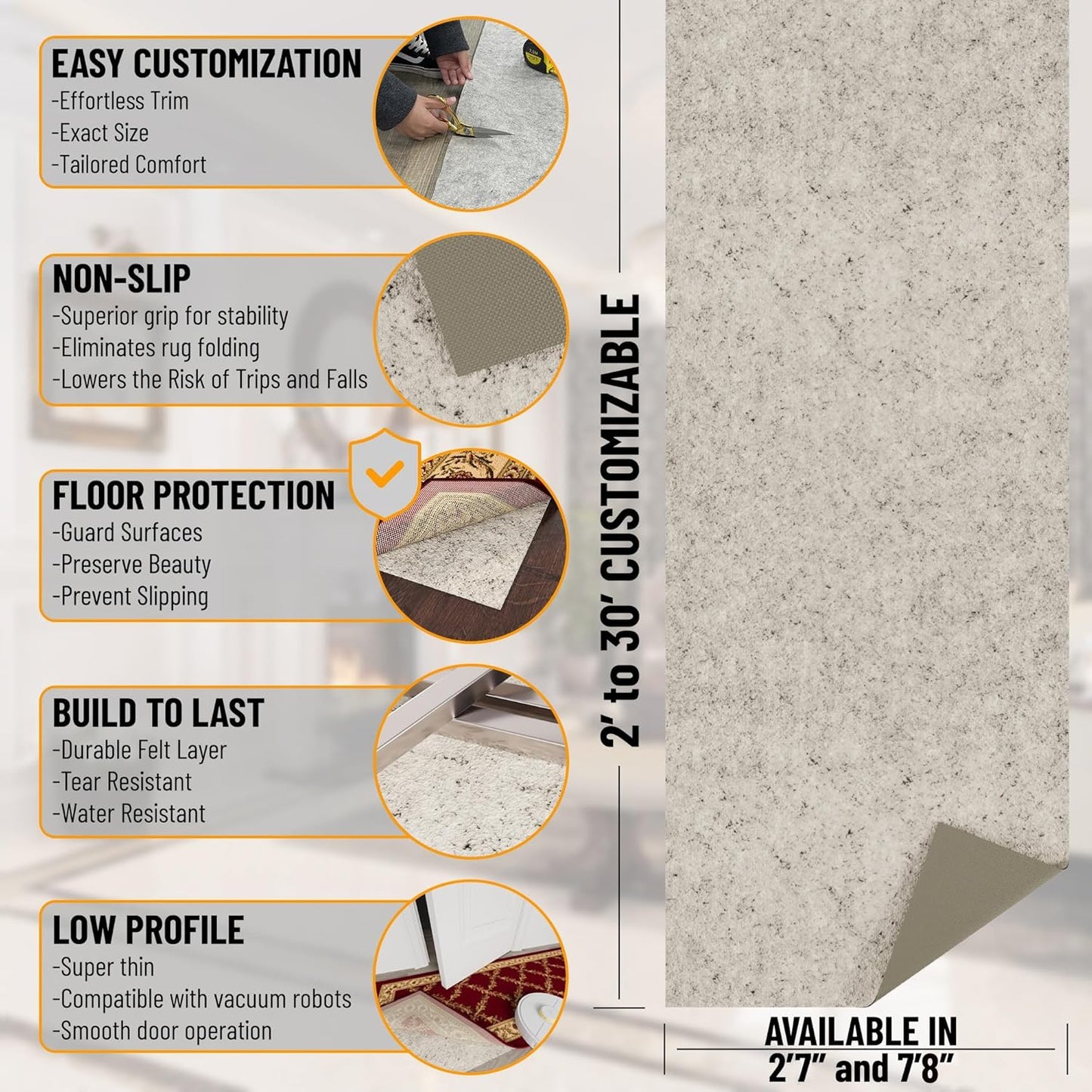 Ottomanson 7' x 7'8" Non-Slip Rug Pad Gripper 1/12 Inch Ultra Thin Dual Surface Felt + Rubber Gripper - Safe for All Floors, Cream