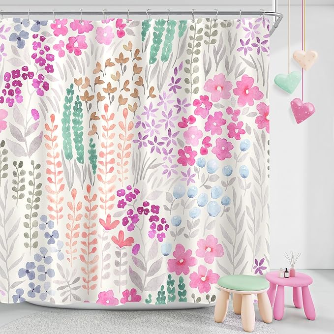 Long Shower Curtain 72 x 78 Inch, Tall Cute Floral Shower Curtain for Bathroom, Hot Pink Wildflower Boho Cottagecore Fabric Shower Curtain Set with Hooks