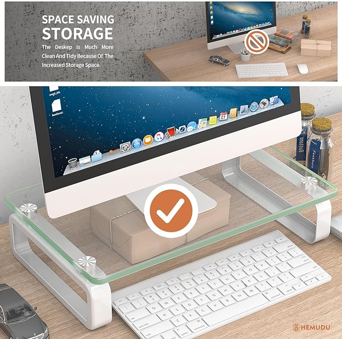 Hemudu Clear Computer Monitor Stand Riser Multi Media Desktop Stand for Flat Screen LCD LED TV, Laptop/Notebook, with Tempered Glass and Metal Legs, HD02T-001