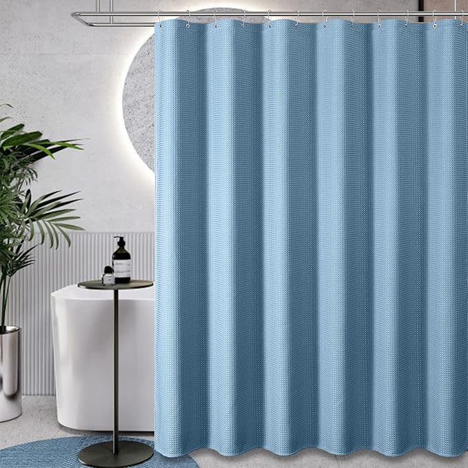 Dynamene Stall Fabric Shower Curtain - 48 inch Wide Waffle Weighted Thick Cloth Shower Curtains for Bathroom, Neutral Heavy Duty Hotel Spa Luxury Bath Curtain Set with 8 Hook, 48x72, Moonlight Blue