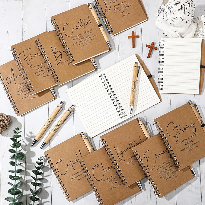 Kosiz 24 Sets Christian Gifts Bulk Inspirational Bible Verse Spiral Notebook and Religious Bamboo Ballpoint Pen Journal with Scripture for Easter Church Member First Communion Teacher Holy Week (Brown)