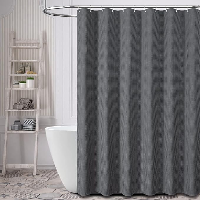 Dynamene Stall Fabric Shower Curtain - 54 inch Wide Waffle Weave Weighted Thick Cloth Shower Curtains for Bathroom, Heavy Duty Hotel Spa Luxury Bath Curtain Set with 10 Hooks, 54x72, Charcoal Grey