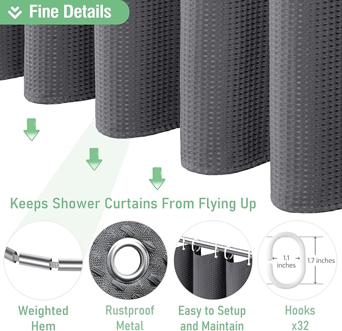 Dynamene Extra Wide Shower Curtain - 180 Inch Wide Waffle Weave Weighted Thick Cloth Bathroom Shower Curtain, Neutral Heavy Duty Hotel Shower Curtain Set with 32 Plastic Hooks,180x72, Charcoal Grey