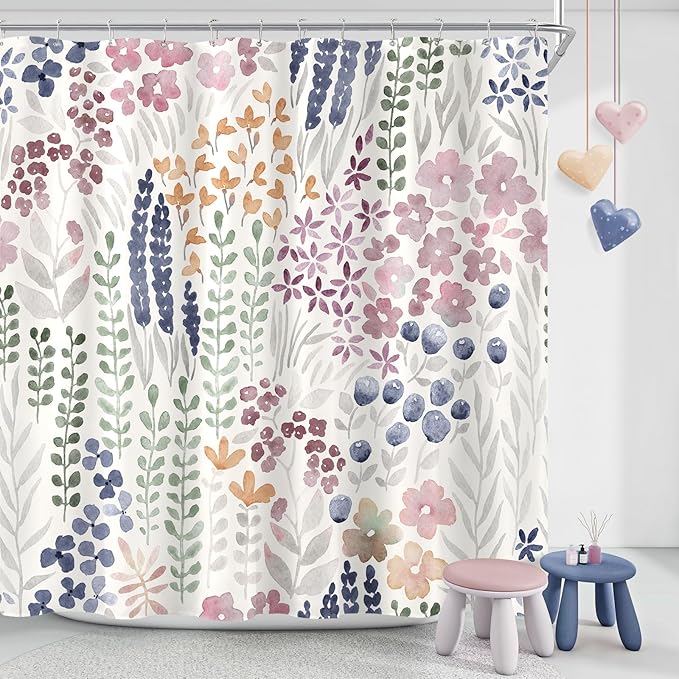 Cute Floral Shower Curtain 60x72, Mauve Boho Flower Fabric Shower Curtain, Funky Watercolor Wildflower Shower Curtain Set, Cottagecore Bohemian Bathroom Decor