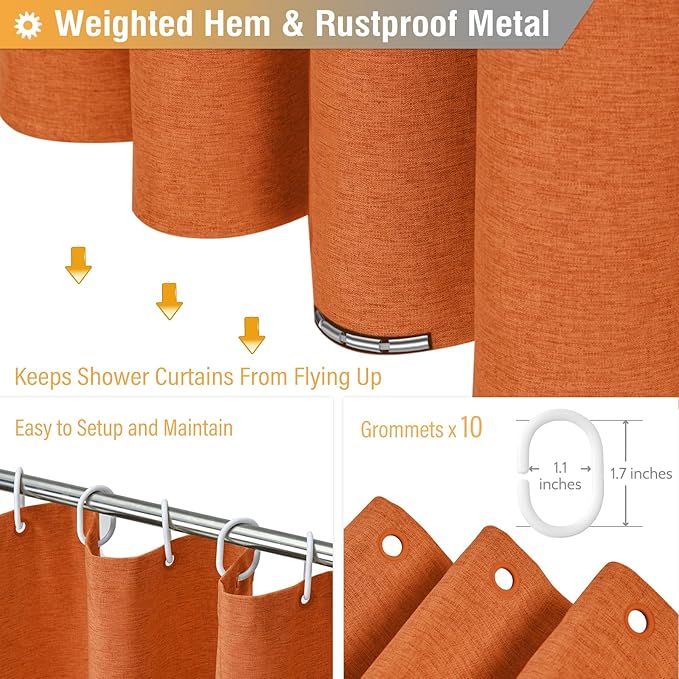 BTTN Stall Fabric Shower Curtain - 54x78 Inch Long Linen Textured Heavy Duty Shower Curtain Set with 10 Plastic Hooks, Narrow Neutral Outdoor Weighted Waterproof Shower Curtains for Bathroom - Orange