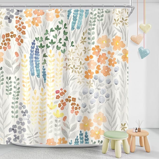 Long Shower Curtain 72 x 78 Inch, Tall Cute Floral Shower Curtain for Bathroom, Orange Wildflower Boho Cottagecore Fabric Shower Curtain Set with Hooks