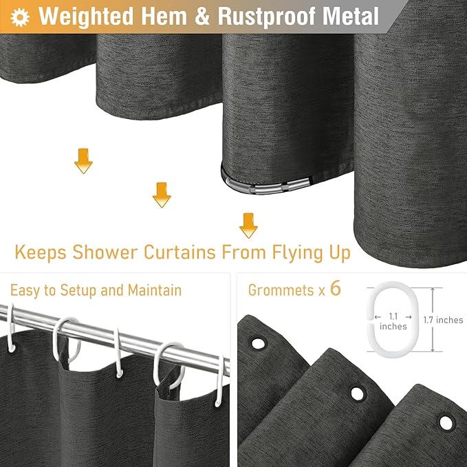 BTTN Stall Fabric Shower Curtain - 36x72 Inch Narrow Linen Cloth Heavy Duty Shower Curtain Set with 6 Plastic Hooks, Hotel Spa Luxury Half Waterproof Neutral Bath Curtains for Bathroom - Charcoal Grey