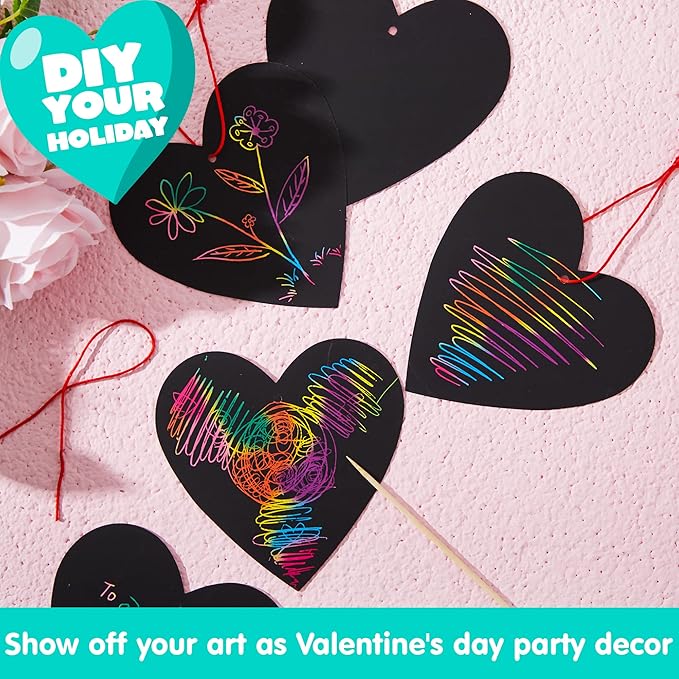 JOYIN 60 Packs Valentines Day Gifts Cards with Scratch Heart for Kids Magic Color Scratch Paper Heart Rainbow Cards for Valentine Crafts and Art Classroom Exchange, Party Favors