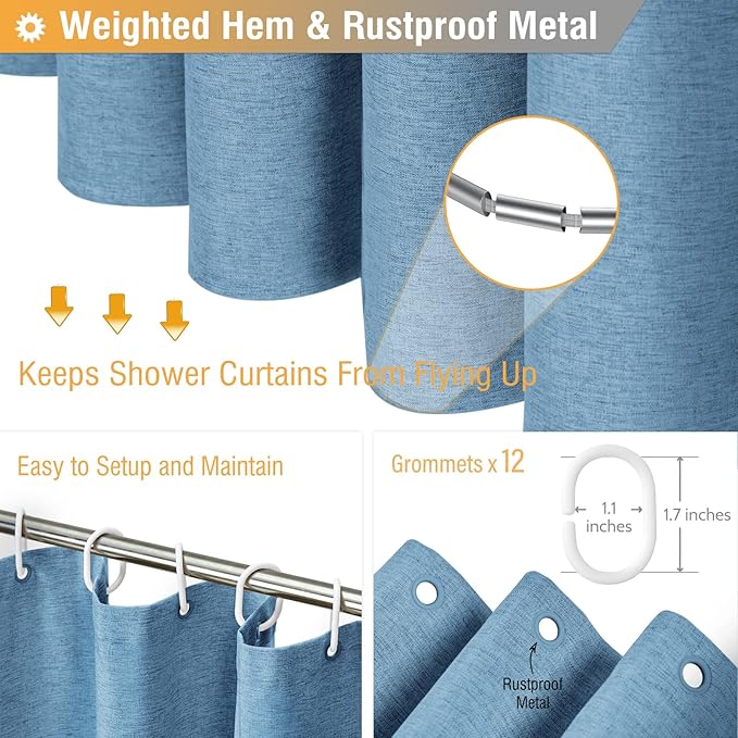 BTTN Extra Long Shower Curtain - 84 Inch Blue Linen Textured Heavy Duty Fabric Shower Curtain Set with 12 Hooks, Tall Luxury Simple Waterproof Cloth Shower Curtains for Bathroom, 72x84, Moonlight Blue