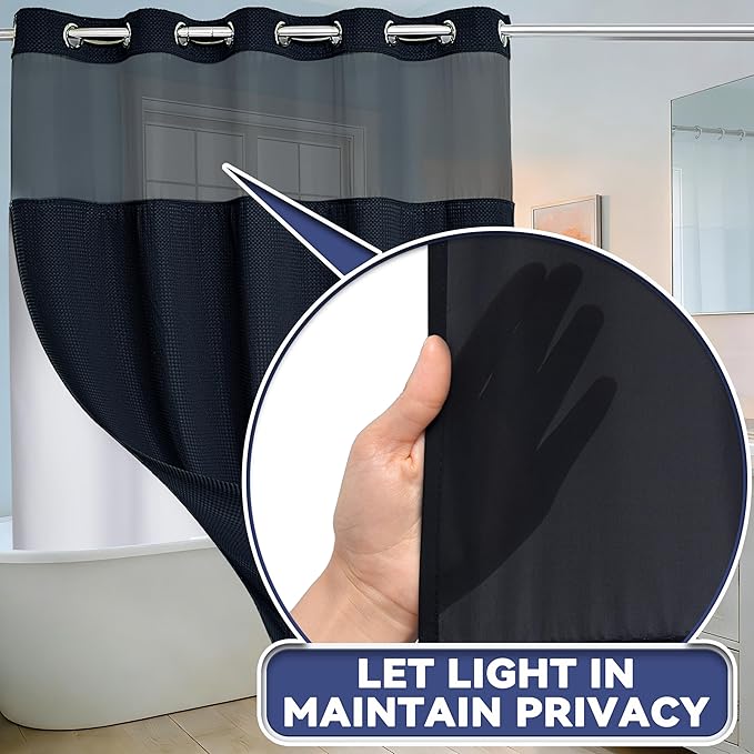 Conbo Mio Extra Long No Hook Waffle Weave Shower Curtain with Snap in Liner Set, Hotel Luxury Black Shower Curtains for Bathroom with See Through Top Window, Waterproof, Washable 71W x 84H