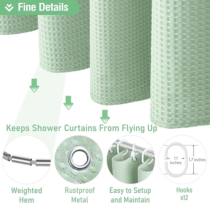Dynamene Extra Long Shower Curtain - 84 Inch Long Waffle Weave Heavy Duty Fabric Bathroom Shower Curtain, Neutral Weighted Hotel Thick Bath Curtain Set with 12 Plastic Hooks,72x84, Mint Green