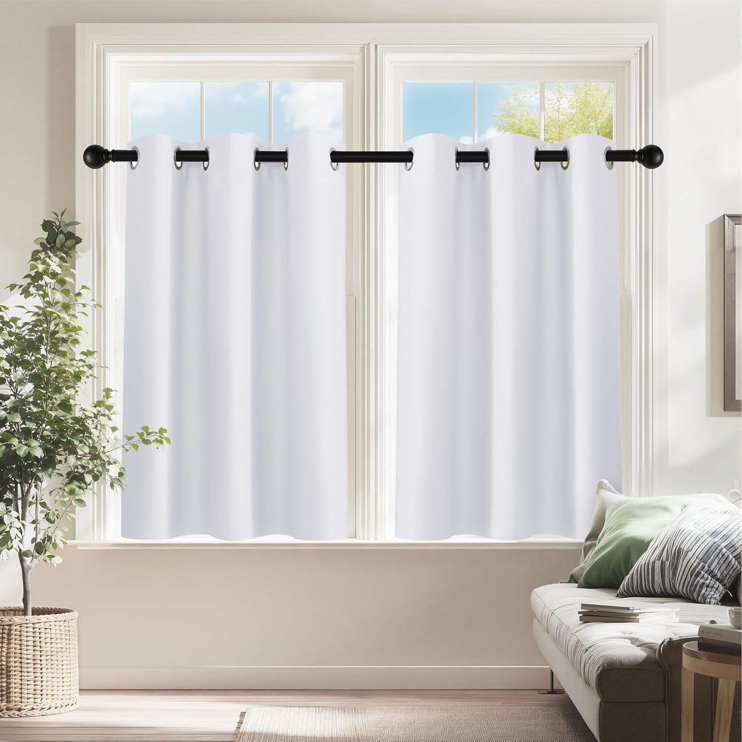 PONY DANCE Room Darkening Window Curtain Tiers, Kitchen/Bathroom/Kids Bedroom Decor Thermal Insulated Window Treatment Short Curtain, Pure White, 34W by 36L inches, 2 Panels