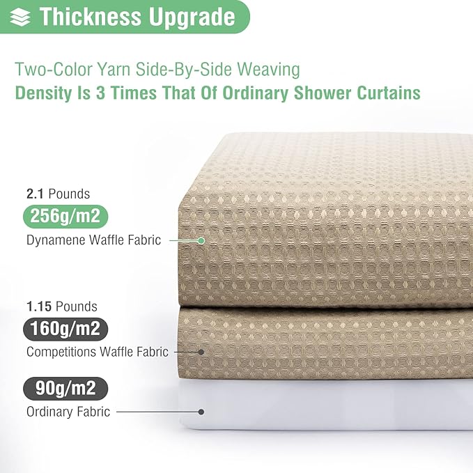 Dynamene Beige Fabric Shower Curtain - Waffle Textured Heavy Duty Cloth Shower Curtains for Bathroom, 256GSM Hotel Spa Luxury Weighted Bath Curtain Set with 12 Plastic Hooks,72x72, Beige/Khaki