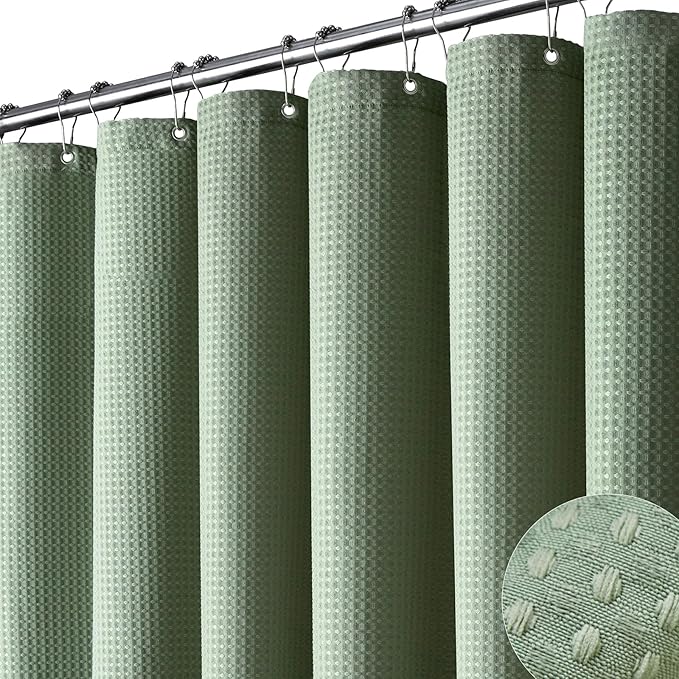 Dynamene Fabric Shower Curtain, Waffle Textured Heavy Duty Shower Curtains for Bathroom, 256GSM Luxury Weighted Cloth Shower Curtain Set with Plastic Hooks, 72" W x 96" L (Pack of 1), A. Sage Green