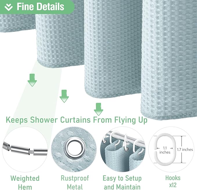 Dynamene Extra Long Shower Curtain - 96 Inch Long Waffle Weave Weighted Thick Cloth Bathroom Shower Curtain, Neutral Heavy Duty Hotel Bath Curtain Set with 12 Plastic Hooks,72x96, Fog Blue